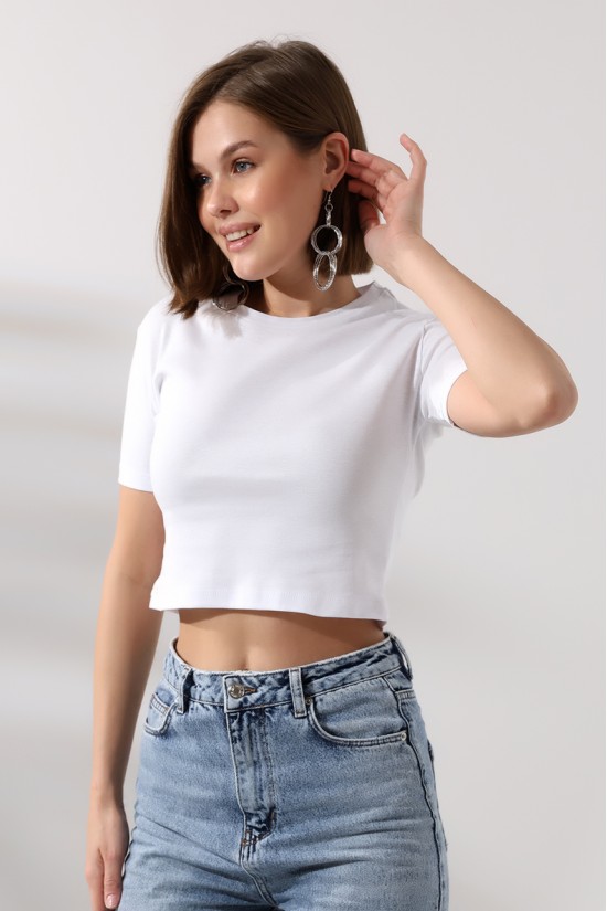 21560 KADIN PENYE COMP LİKRASIZ RİB PAMUKLU BİSİKLET YAKA CROP TSHIRT