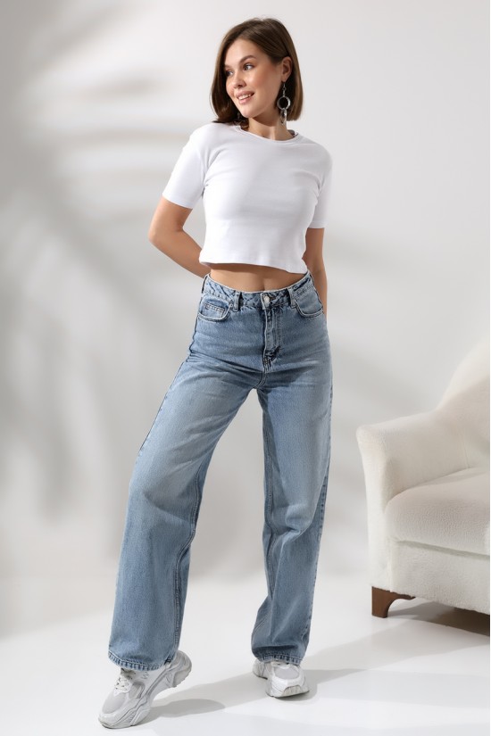 21560 KADIN PENYE COMP LİKRASIZ RİB PAMUKLU BİSİKLET YAKA CROP TSHIRT