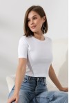 21560 KADIN PENYE COMP LİKRASIZ RİB PAMUKLU BİSİKLET YAKA CROP TSHIRT