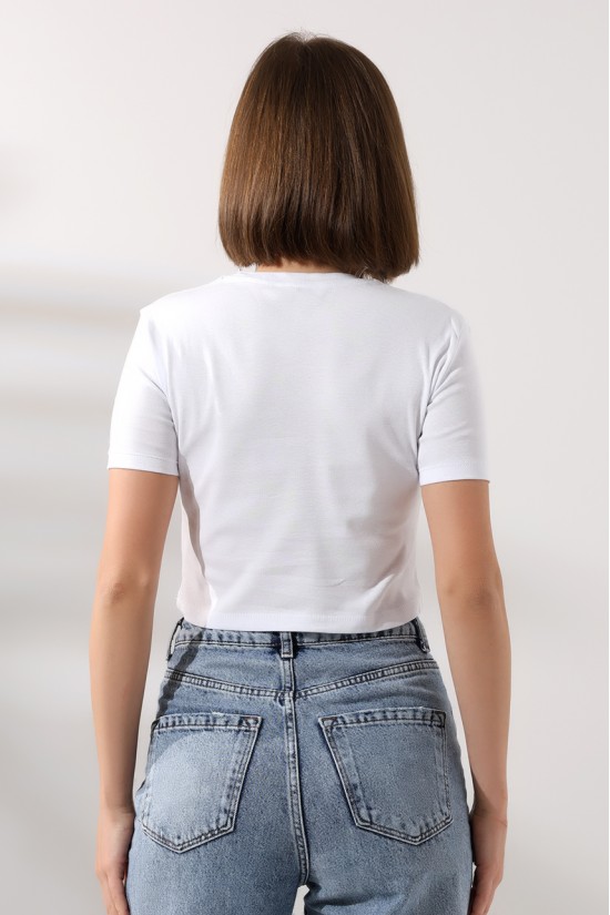 21560 KADIN PENYE COMP LİKRASIZ RİB PAMUKLU BİSİKLET YAKA CROP TSHIRT