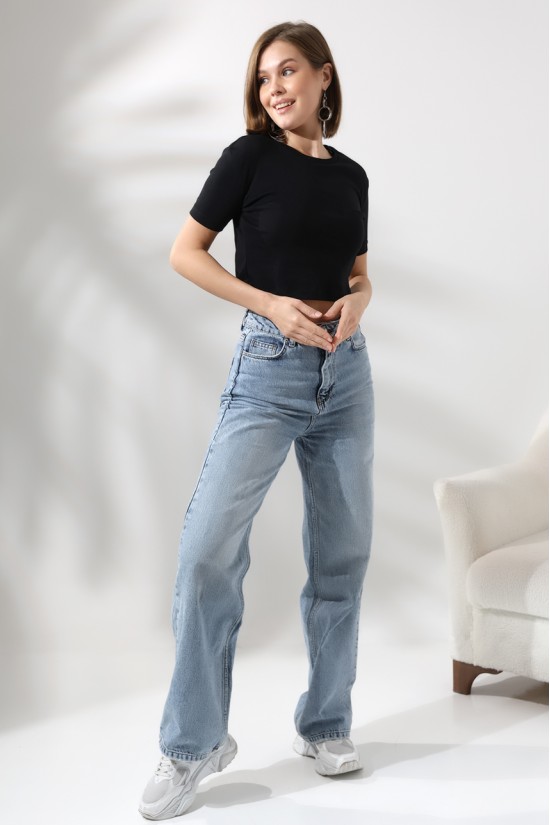 21560 KADIN PENYE COMP LİKRASIZ RİB PAMUKLU BİSİKLET YAKA CROP TSHIRT