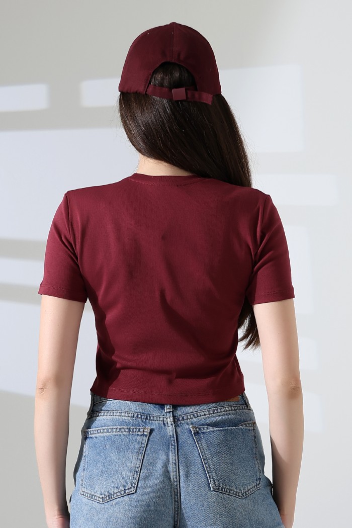 21560 KADIN PENYE COMP LİKRASIZ RİB PAMUKLU BİSİKLET YAKA CROP TSHIRT