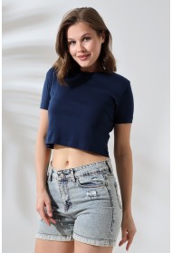 21560 KADIN PENYE COMP LİKRASIZ RİB PAMUKLU BİSİKLET YAKA CROP TSHIRT
