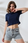 21560 KADIN PENYE COMP LİKRASIZ RİB PAMUKLU BİSİKLET YAKA CROP TSHIRT