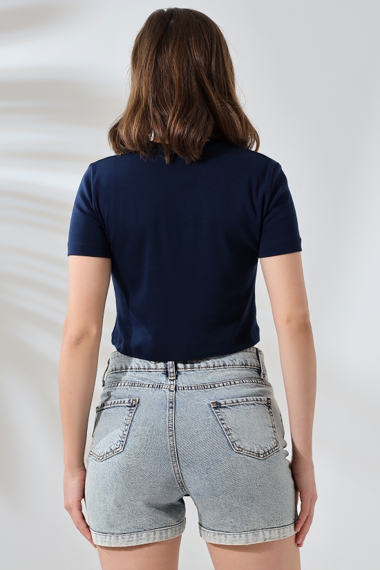 21560 KADIN PENYE COMP LİKRASIZ RİB PAMUKLU BİSİKLET YAKA CROP TSHIRT