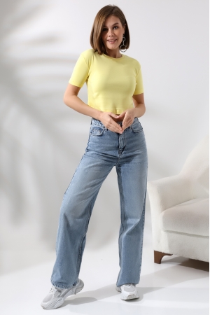 21560 KADIN PENYE COMP LİKRASIZ RİB PAMUKLU BİSİKLET YAKA CROP TSHIRT