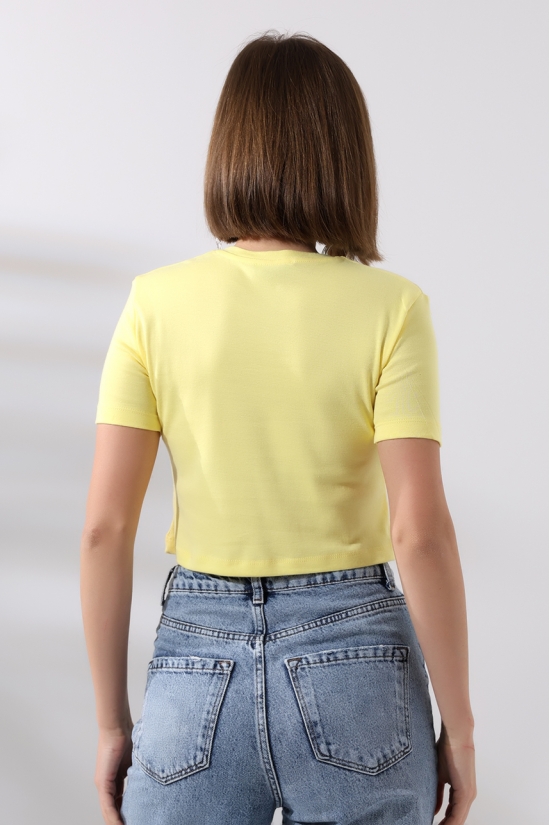 21560 KADIN PENYE COMP LİKRASIZ RİB PAMUKLU BİSİKLET YAKA CROP TSHIRT