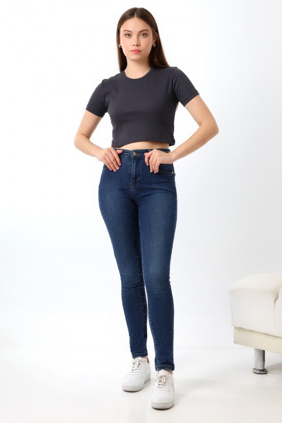 21560 KADIN PENYE COMP LİKRASIZ RİB PAMUKLU BİSİKLET YAKA CROP TSHIRT