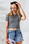 21560 KADIN PENYE COMP LİKRASIZ RİB PAMUKLU BİSİKLET YAKA CROP TSHIRT