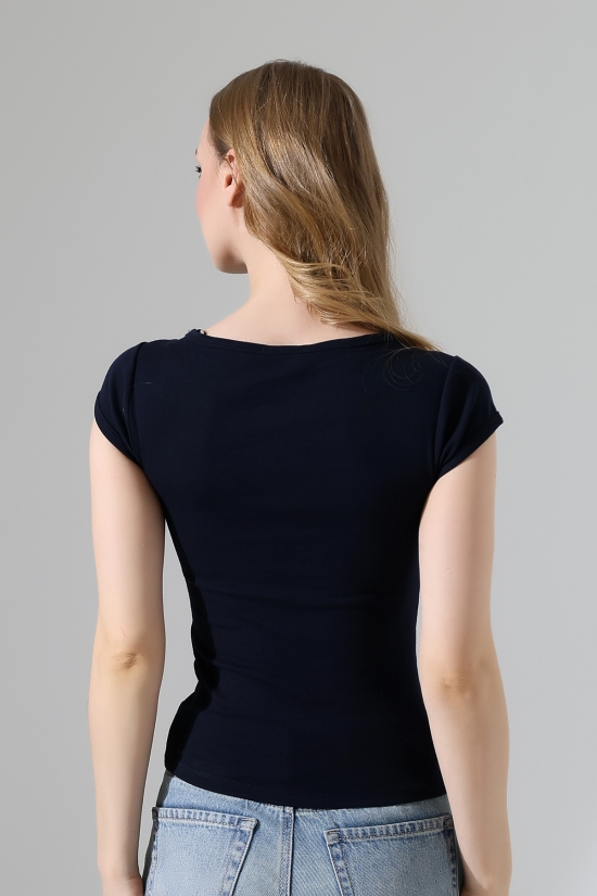 22101 KADIN KISA KOLUCU BİYELİ FULL LYC RİB KOMPAKT PENYE BİYELİ BİNDİRMELİ KARE YAKA T-SHIRT