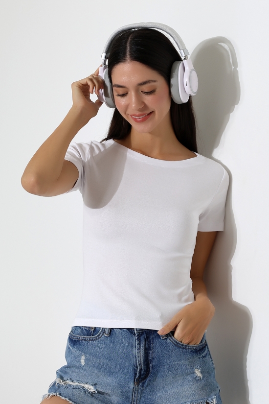 21996 KADIN KAYIK YAKA FULL LYC KOMPAKT PENYE KISA KOL TSHIRT 