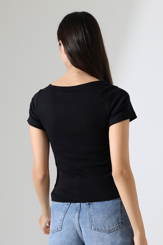 21996 KADIN KAYIK YAKA FULL LYC KOMPAKT PENYE KISA KOL TSHIRT 