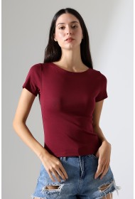 21996 KADIN KAYIK YAKA FULL LYC KOMPAKT PENYE KISA KOL TSHIRT 