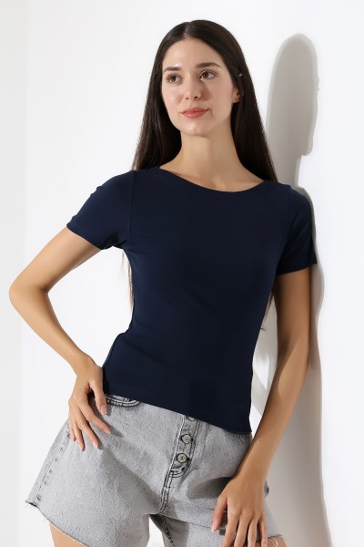 21996 KADIN KAYIK YAKA FULL LYC KOMPAKT PENYE KISA KOL TSHIRT 