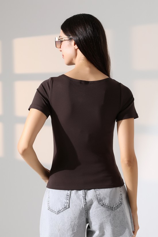 21996 KADIN KAYIK YAKA FULL LYC KOMPAKT PENYE KISA KOL TSHIRT 