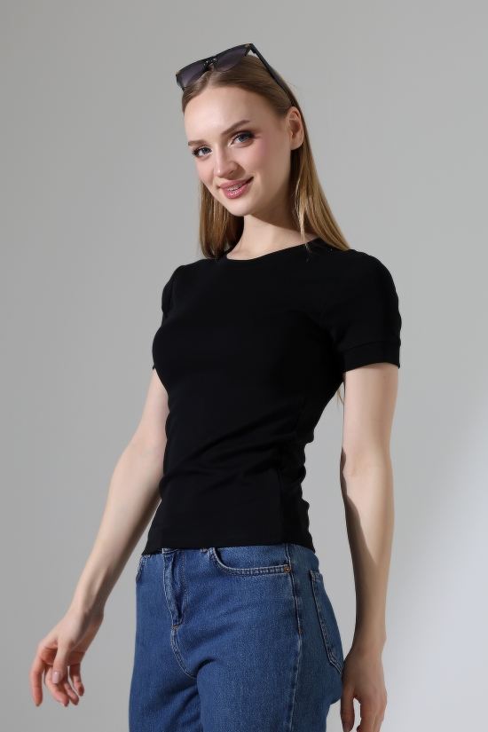 22264 KADIN BİSİKLET YAKA KISA KOLU KALIN BİYELİ FULL LYC KOMPAKT PENYE KISA KOL TSHIRT 