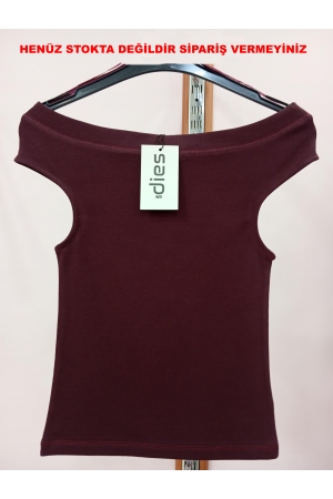 22317 KADIN KAYIK YAKA OMUZ DÜŞÜMLÜ LYCRİB.KOLSUZ KOLEVİ PENCERELİ TSHIRT 