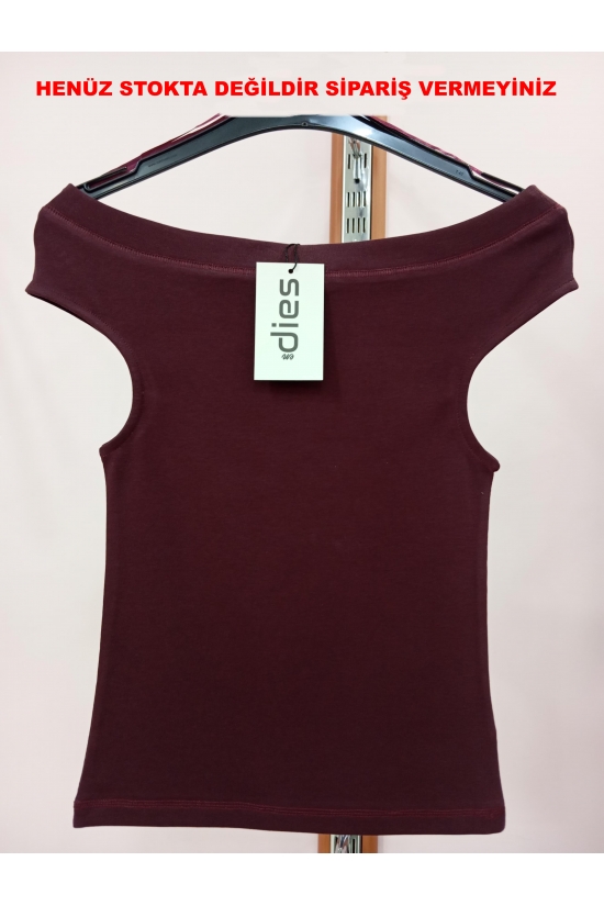 22317 KADIN KAYIK YAKA OMUZ DÜŞÜMLÜ LYCRİB.KOLSUZ KOLEVİ PENCERELİ TSHIRT 