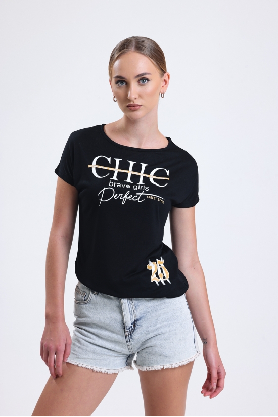 19609 CHİC BASK.BAYAN KISA KOLU BEDENDE SALAŞ VSK TSHIRT 