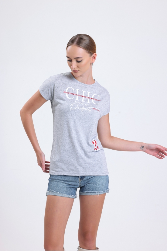 19609 CHİC BASK.BAYAN KISA KOLU BEDENDE SALAŞ VSK TSHIRT 