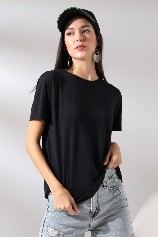 21638 KADIN GENİŞ BİSİKLET YAKA KISA KOLU VE ETEĞİ DİKİŞSİZ  MİKROFAY TSHIRT 