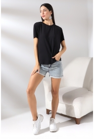 21638 KADIN MİKROPOLY GENİŞ BİSİKLET YAKA KISA KOLU VE ETEĞİ DİKİŞSİZ MİKROFAY TSHIRT 