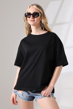 21669 KADIN KALIN FAYN PENYE KOMPAKT OMUZ PARÇALI KISA KOL GENİŞ SALAŞ  TSHIRT