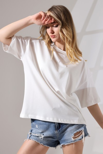 21669 KADIN KALIN FAYN PENYE KOMPAKT OMUZ PARÇALI KISA KOL GENİŞ SALAŞ  TSHIRT