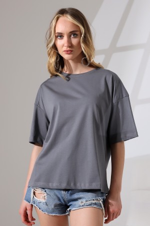 21669 KADIN KALIN FAYN PENYE KOMPAKT OMUZ PARÇALI KISA KOL GENİŞ SALAŞ  TSHIRT