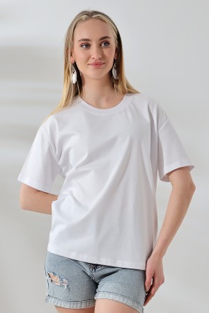 21667 KADIN KALIN FAYN PENYE KOMPAKT YAKA KAŞGORSELİ KISA KOL GENİŞ SALAŞ  TSHIRT