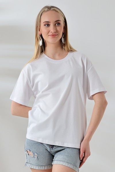 21667 KADIN KALIN FAYN PENYE KOMPAKT YAKA KAŞGORSELİ KISA KOL GENİŞ SALAŞ  TSHIRT