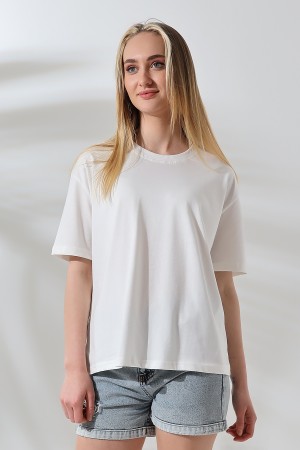 21667 KADIN KALIN FAYN PENYE KOMPAKT YAKA KAŞGORSELİ KISA KOL GENİŞ SALAŞ  TSHIRT