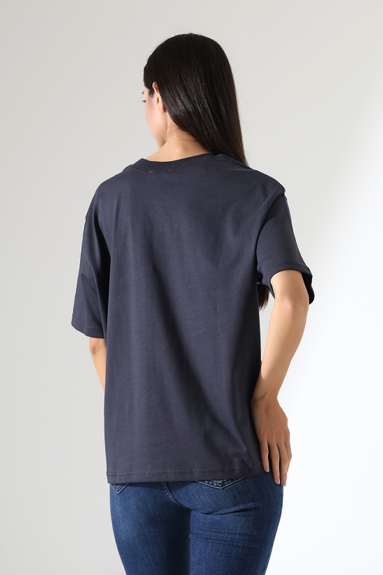 21667 KADIN KALIN FAYN PENYE KOMPAKT YAKA KAŞGORSELİ KISA KOL GENİŞ SALAŞ  TSHIRT