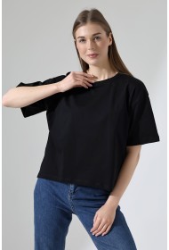 21929 KADIN KISA KOL GENİŞ VE YANLARI YIRTMAÇLI ARKASI OVAL BİSİKLET YAKA TSHIRT