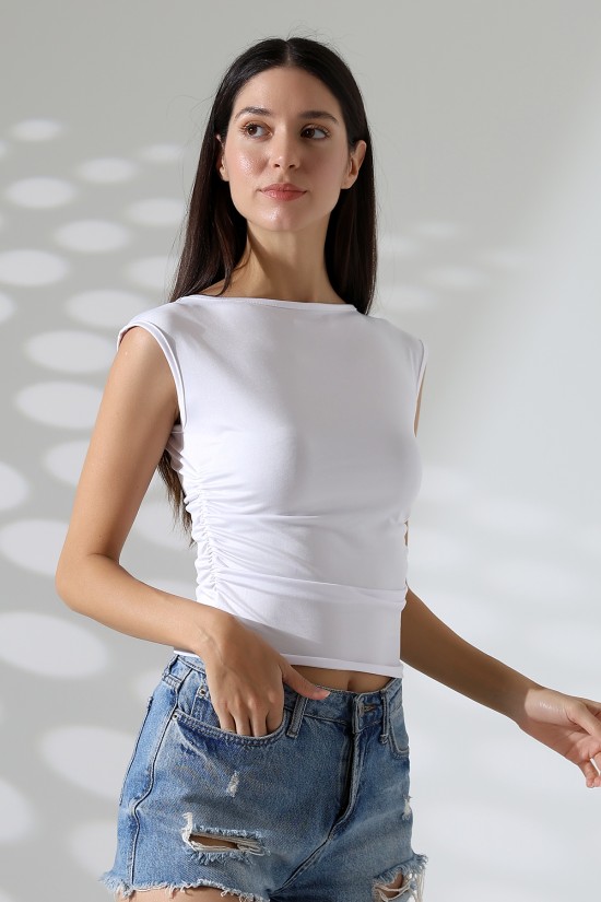 21895  KADIN KAYIK YAKA MİKRO JAPONE  KOL YANLARI BÜZGÜLÜ  TSHIRT 