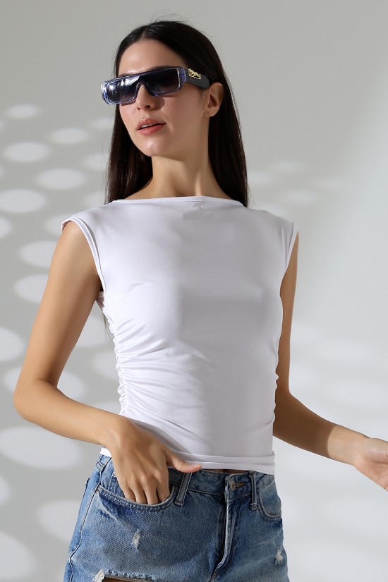 21895  KADIN KAYIK YAKA MİKRO JAPONE  KOL YANLARI BÜZGÜLÜ  TSHIRT 