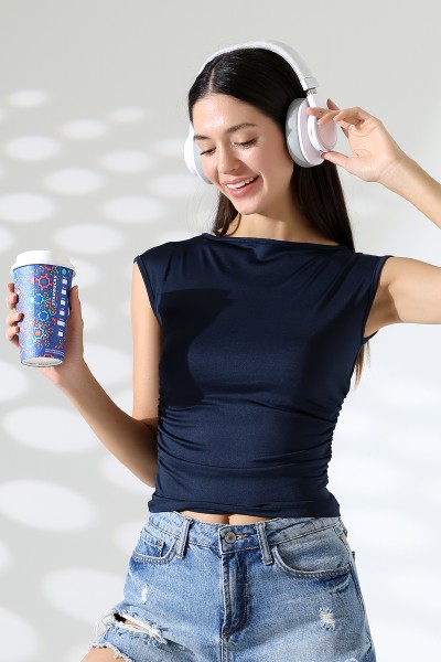 21895  KADIN KAYIK YAKA MİKRO JAPONE  KOL YANLARI BÜZGÜLÜ  TSHIRT 