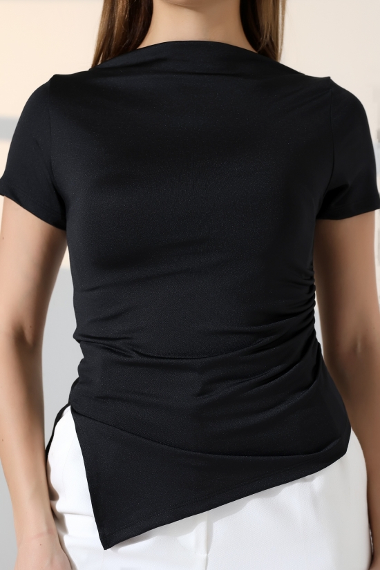 22027  KADIN TULUMKAYIK YAKA MİKRO KISA KOL SOLYANI BÜZGÜLÜ SAĞYANI YIRTMAÇLI TSHIRT 