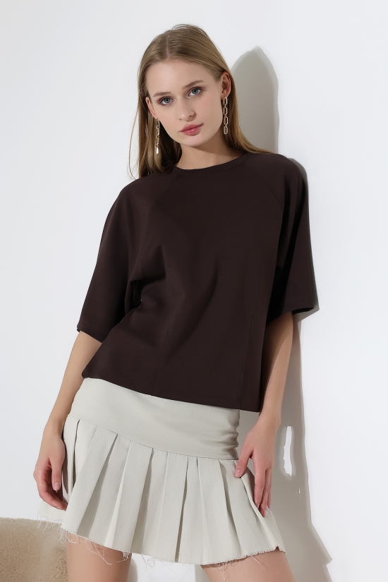 22152  KADIN SALAŞ REGLAN YARIM KOL ÖN VE ARKA BEDEN DİKEY PENSLİ BİSİKLET YAKA DOUBLEFAE YUMUŞAK DOKU  TSHIRT 