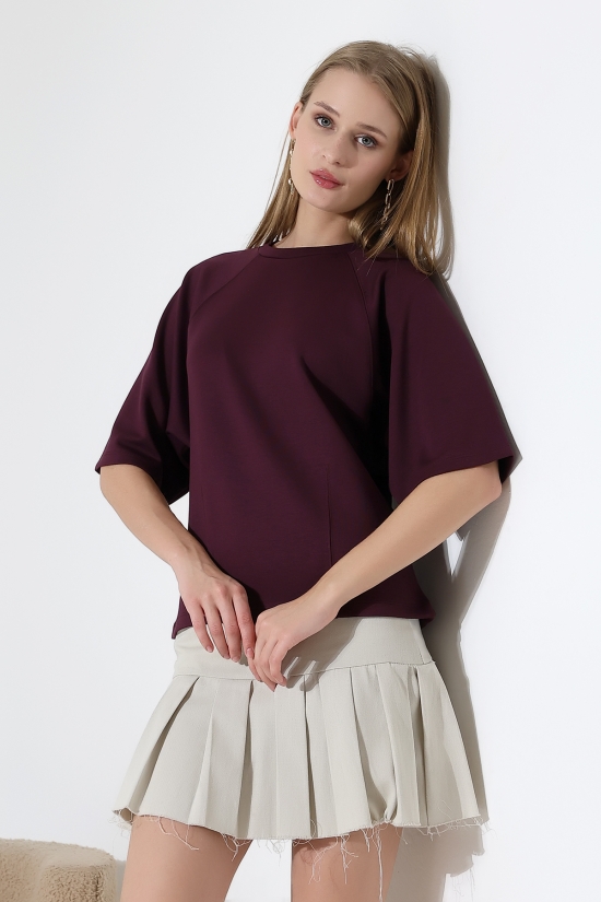 22152  KADIN SALAŞ REGLAN YARIM KOL ÖN VE ARKA BEDEN DİKEY PENSLİ BİSİKLET YAKA DOUBLEFAE YUMUŞAK DOKU  TSHIRT 