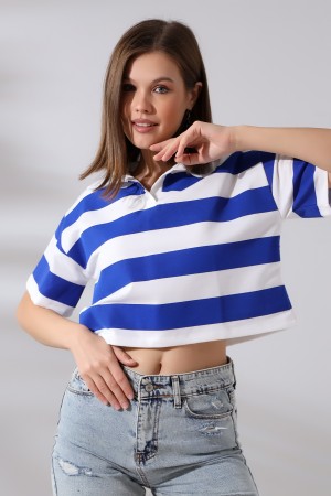 20444 KADIN KALIN ÇİZGİ PANO BASK.KISA KOL GÖMLEK YAKA POLO YAKA TSHIRT