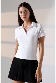 22023 KADIN FULL LYC RİBANA GÖMLEK YAKA PATLI KISA KOL TSHIRT