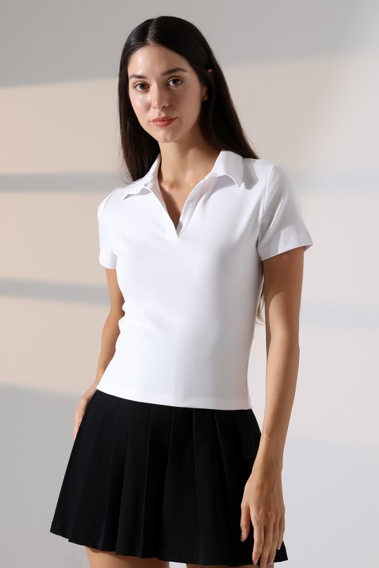 22023 KADIN FULL LYC RİBANA GÖMLEK YAKA PATLI KISA KOL TSHIRT