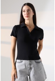 22023 KADIN FULL LYC RİBANA GÖMLEK YAKA PATLI KISA KOL TSHIRT