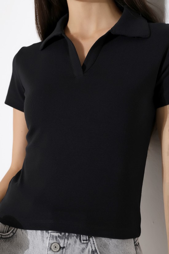 22023 KADIN FULL LYC RİBANA GÖMLEK YAKA PATLI KISA KOL TSHIRT