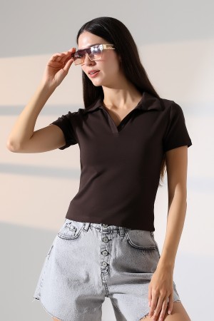 22023 KADIN FULL LYC RİBANA GÖMLEK YAKA PATLI KISA KOL TSHIRT