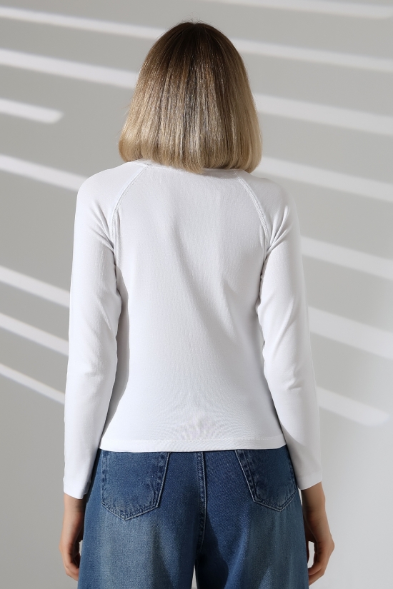 22025  KADIN KARYOKALI REGLAN UZUN KOL UZUN PATLI 5 FÜĞMELİ  FULL LYC RİBANA TSHIRT 