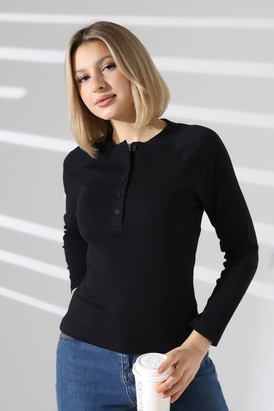 22025  KADIN KARYOKALI REGLAN UZUN KOL UZUN PATLI 5 FÜĞMELİ  FULL LYC RİBANA TSHIRT 