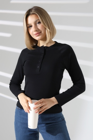 22025  KADIN KARYOKALI REGLAN UZUN KOL UZUN PATLI 5 FÜĞMELİ  FULL LYC RİBANA TSHIRT 