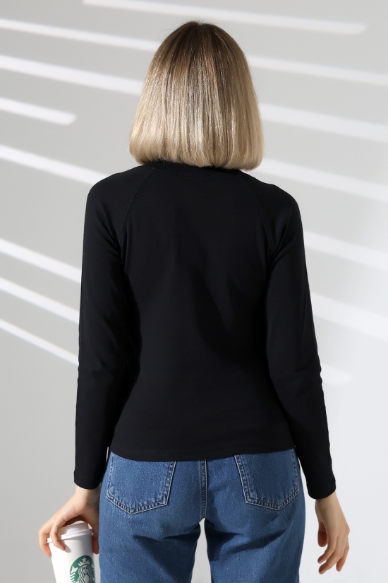 22025  KADIN KARYOKALI REGLAN UZUN KOL UZUN PATLI 5 FÜĞMELİ  FULL LYC RİBANA TSHIRT 